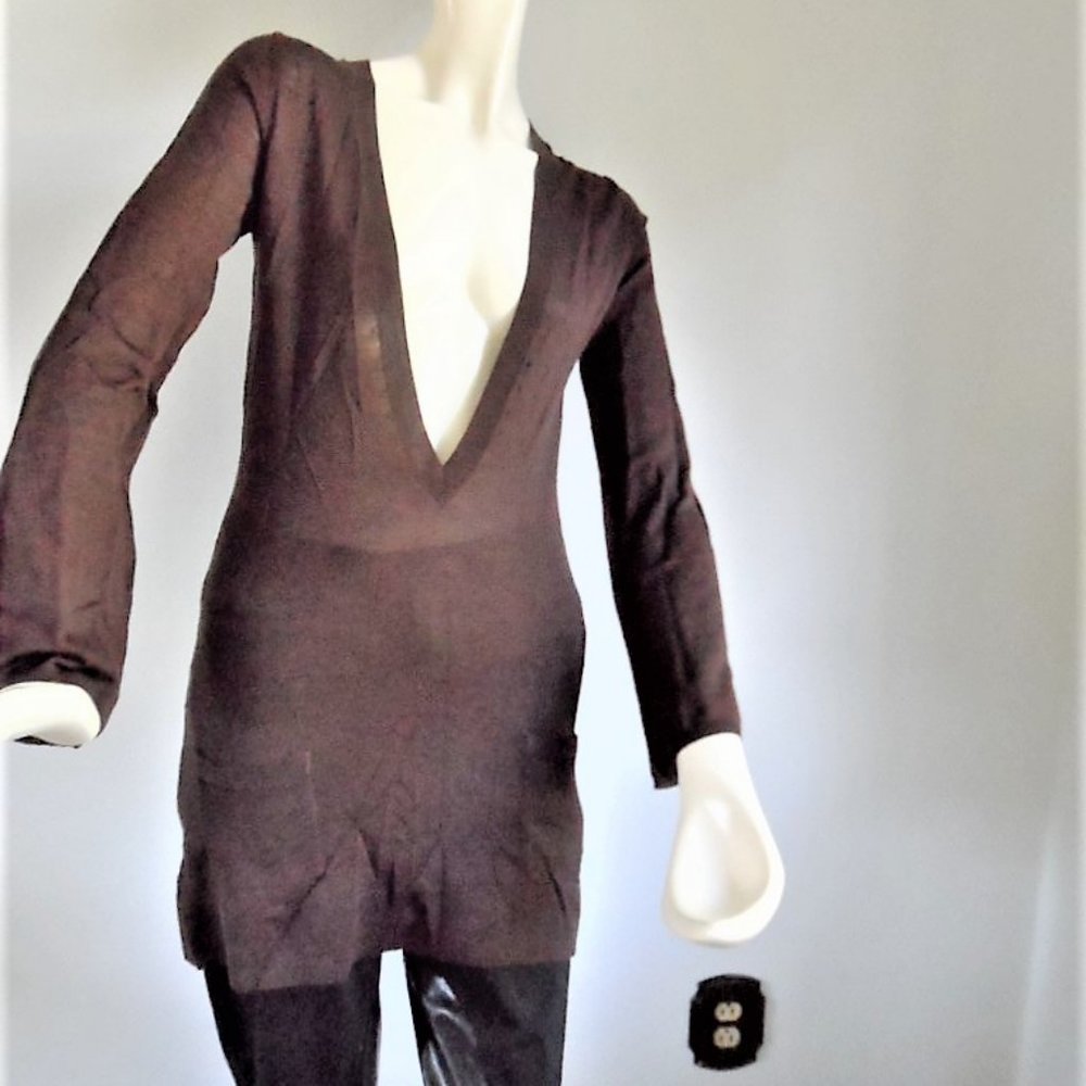 Deep V-Neck Brown Women's Sweater Tunic